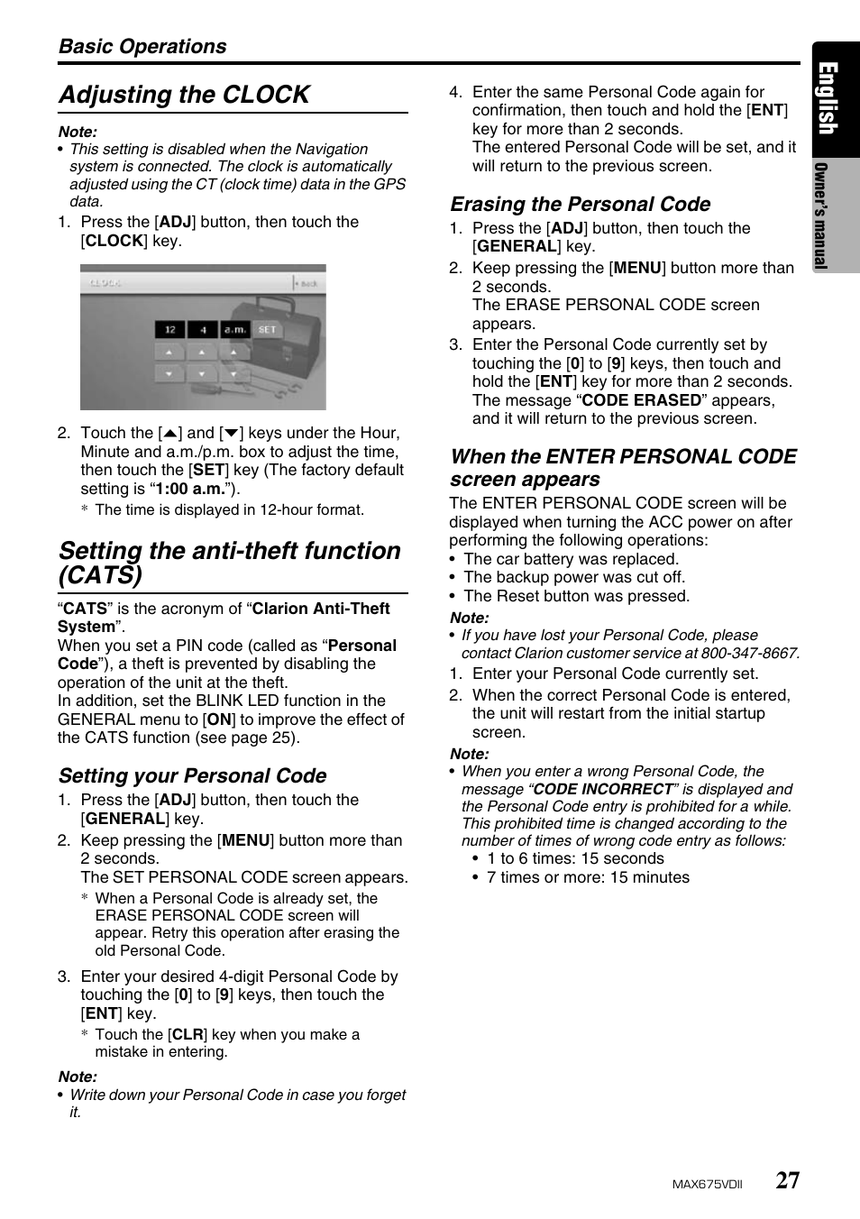 English, Adjusting the clock, Setting the anti-theft function (cats) | Clarion MAX675VDII User Manual | Page 23 / 72