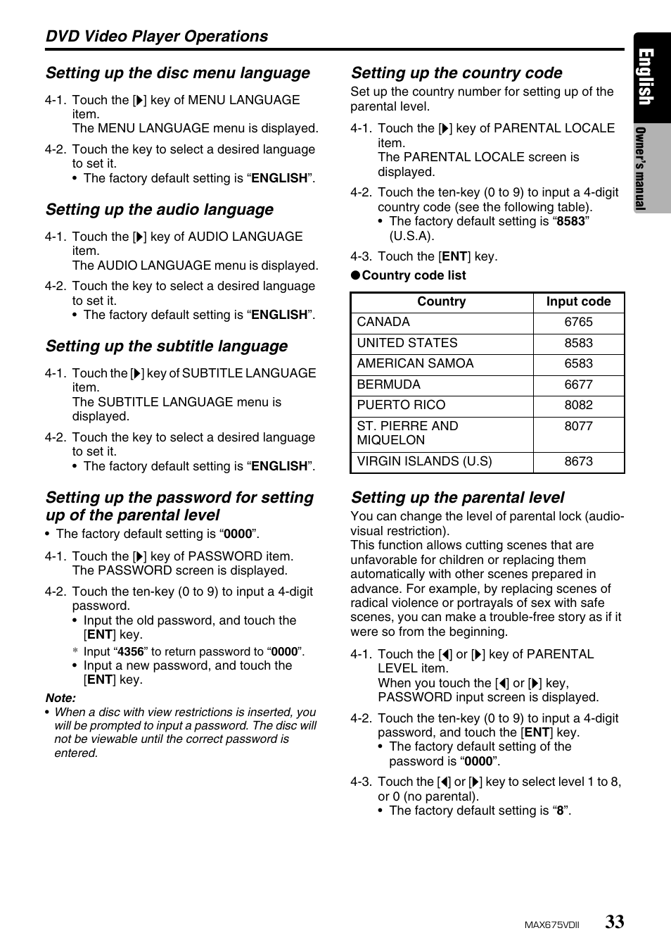 English, Dvd video player operations, Setting up the country code | Setting up the parental level | Clarion MAX675VDII User Manual | Page 29 / 72