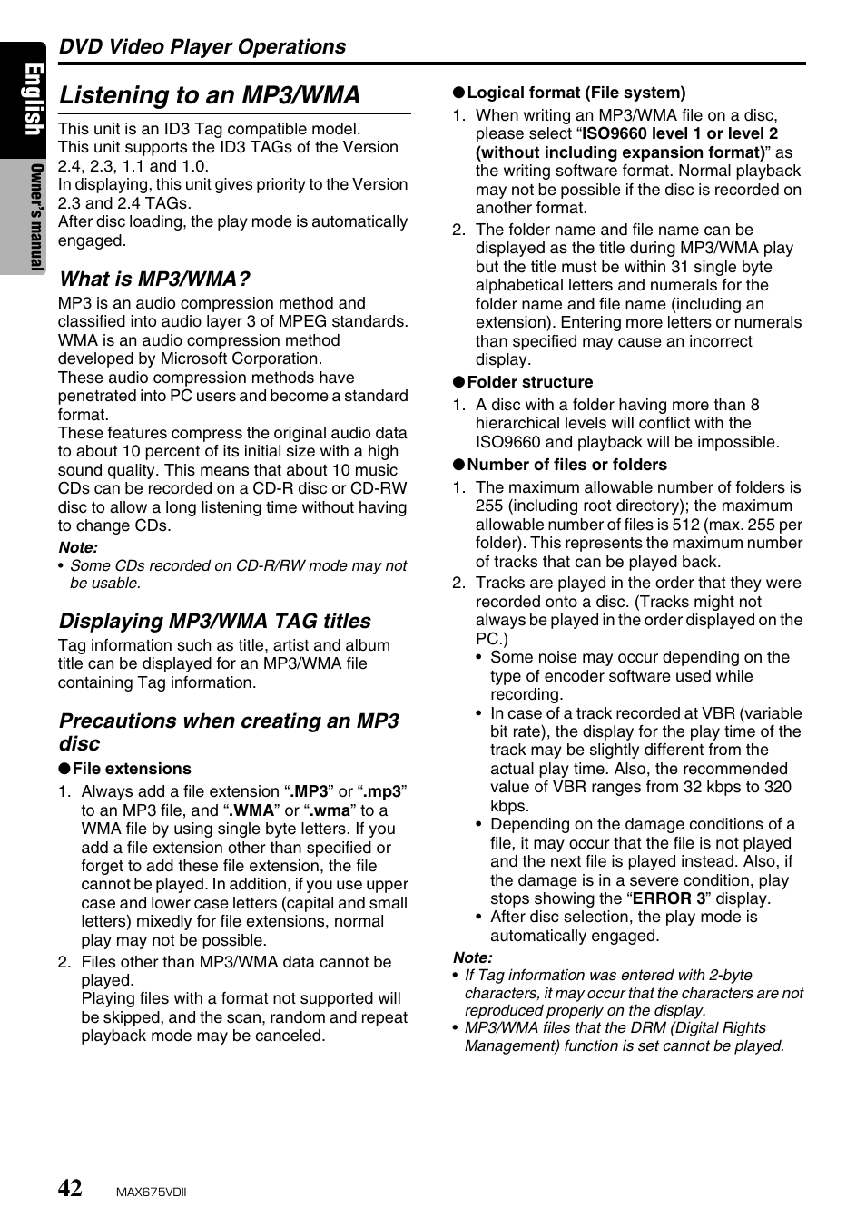 English, Listening to an mp3/wma | Clarion MAX675VDII User Manual | Page 38 / 72