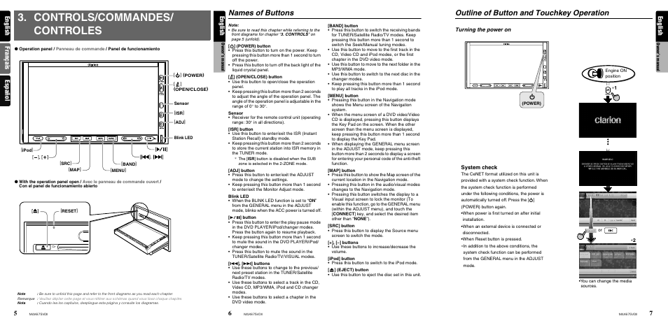 Controls/commandes/ controles, Names of buttons, Outline of button and touchkey operation | English, English français español english | Clarion MAX675VDII User Manual | Page 4 / 72