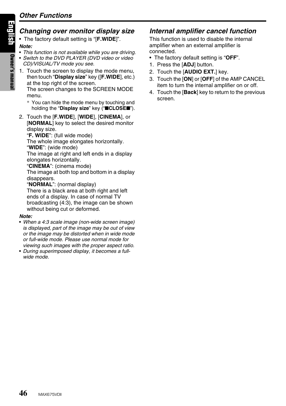 English, Other functions, Changing over monitor display size | Internal amplifier cancel function | Clarion MAX675VDII User Manual | Page 42 / 72