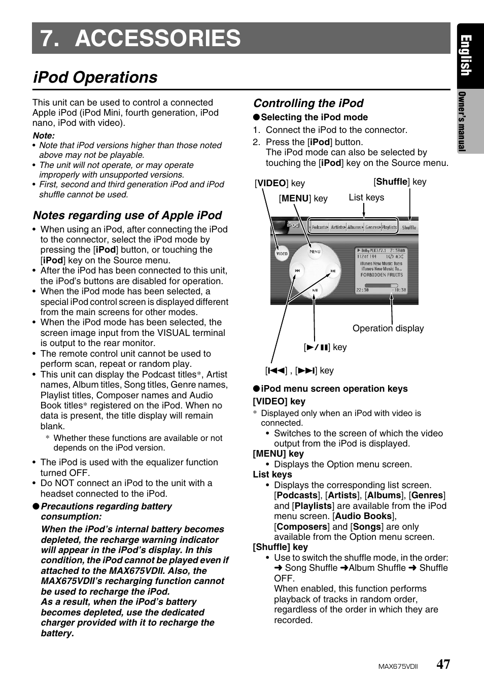 Accessories, Ipod operations, English | Clarion MAX675VDII User Manual | Page 43 / 72
