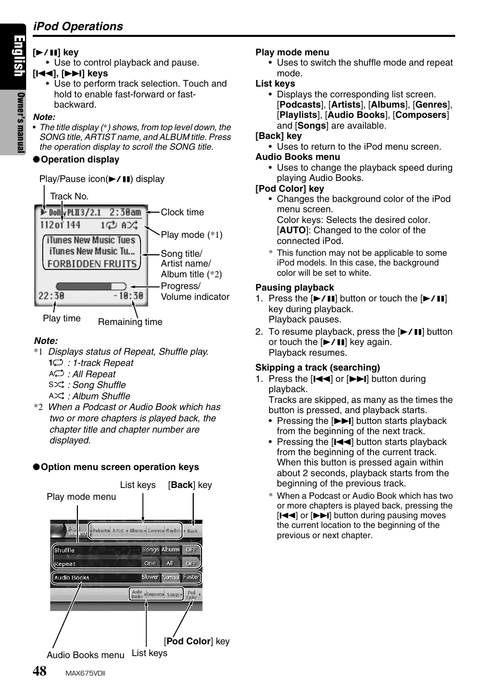 English, Ipod operations | Clarion MAX675VDII User Manual | Page 44 / 72