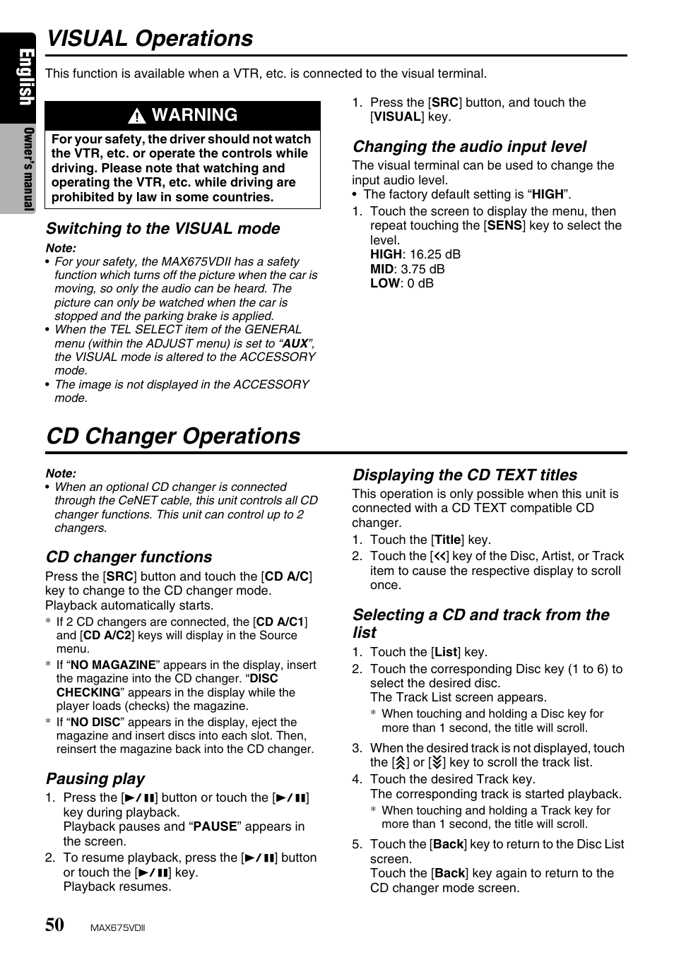 Visual operations, Cd changer operations, English | Warning | Clarion MAX675VDII User Manual | Page 46 / 72