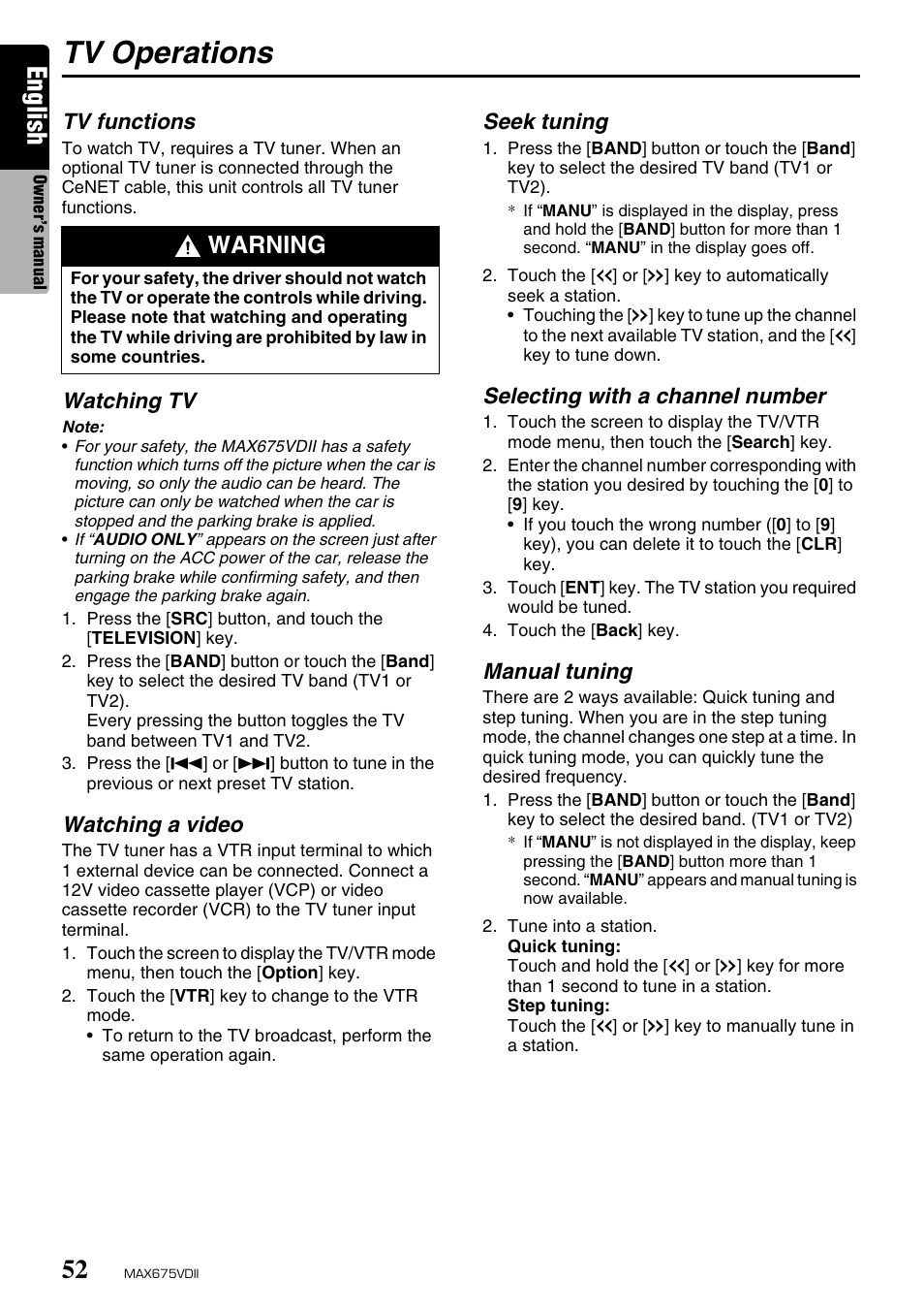 Tv operations, English, Warning | Clarion MAX675VDII User Manual | Page 48 / 72