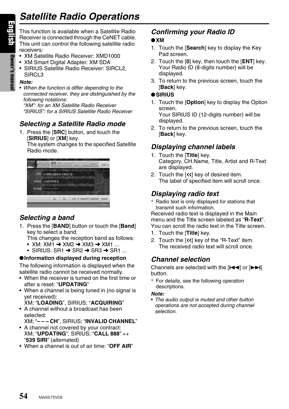 Satellite radio operations, English | Clarion MAX675VDII User Manual | Page 50 / 72