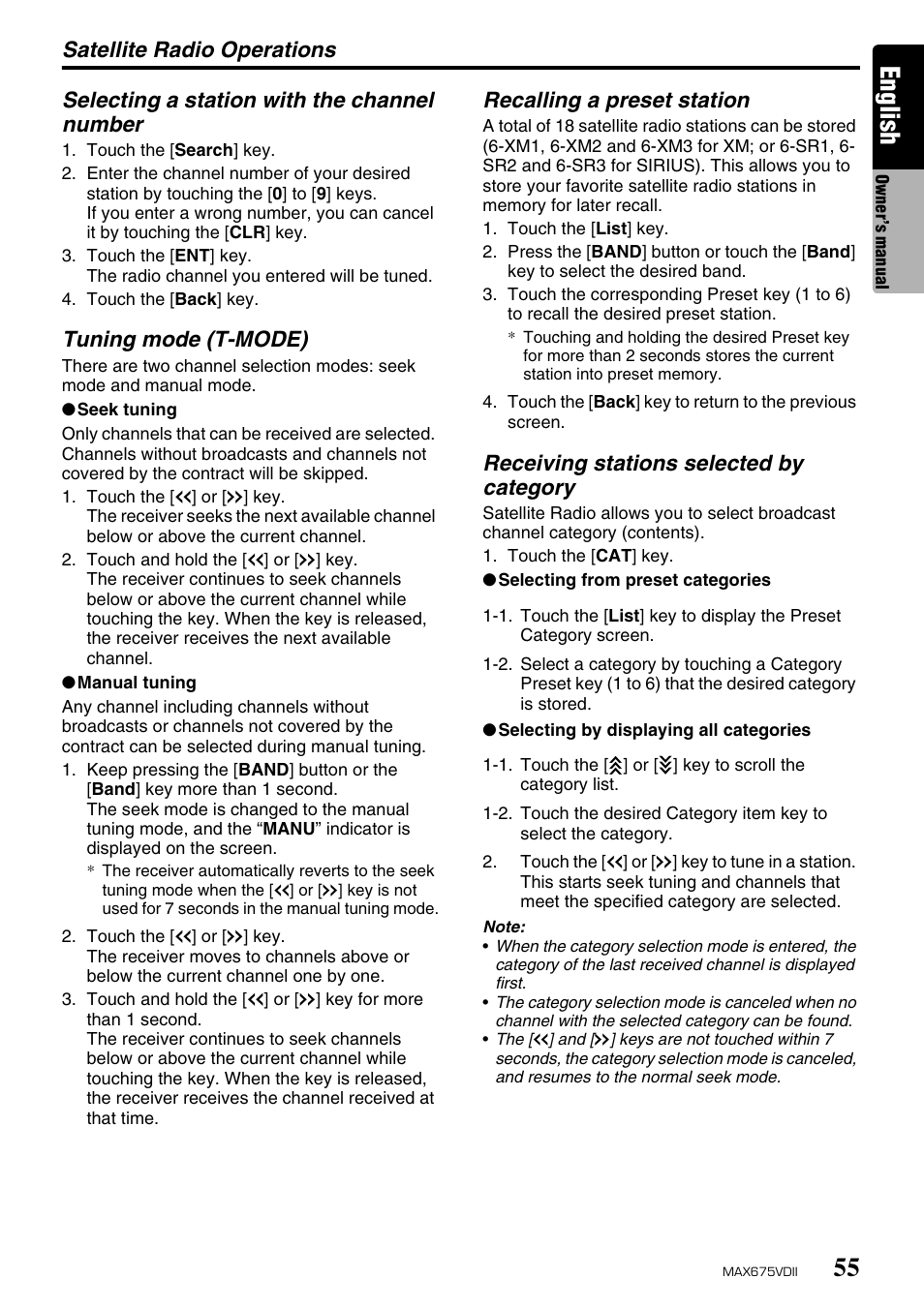 English, Satellite radio operations, Selecting a station with the channel number | Tuning mode (t-mode), Recalling a preset station, Receiving stations selected by category | Clarion MAX675VDII User Manual | Page 51 / 72