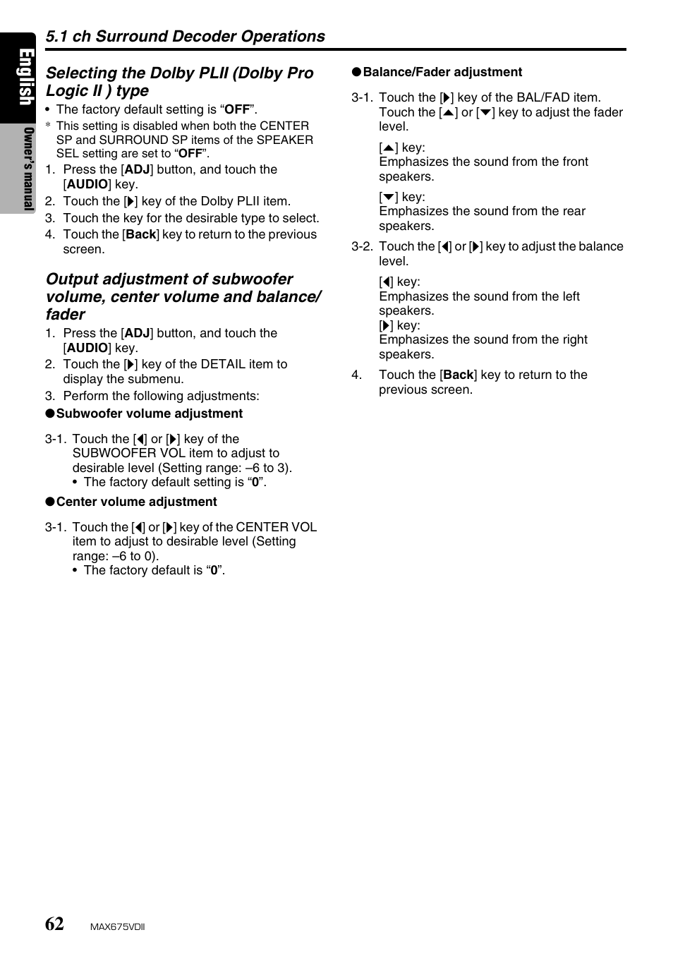 English, 1 ch surround decoder operations | Clarion MAX675VDII User Manual | Page 58 / 72