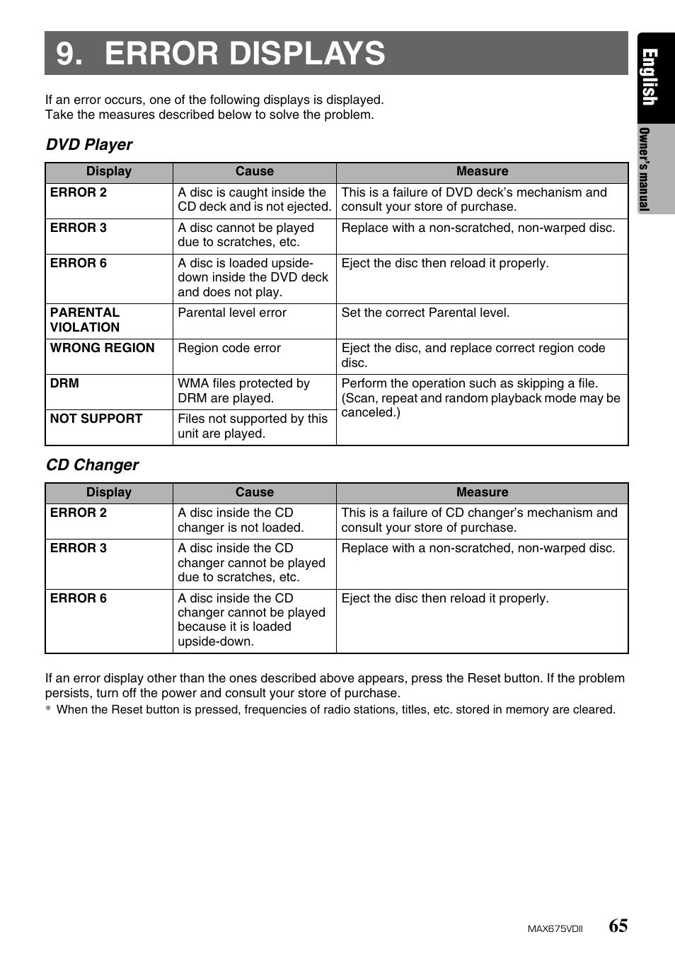 Error displays, English | Clarion MAX675VDII User Manual | Page 61 / 72