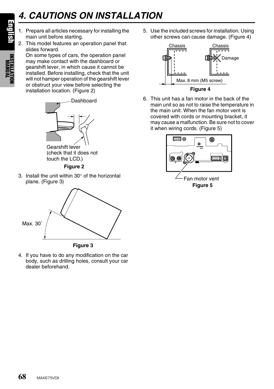 Cautions on installation, English | Clarion MAX675VDII User Manual | Page 64 / 72