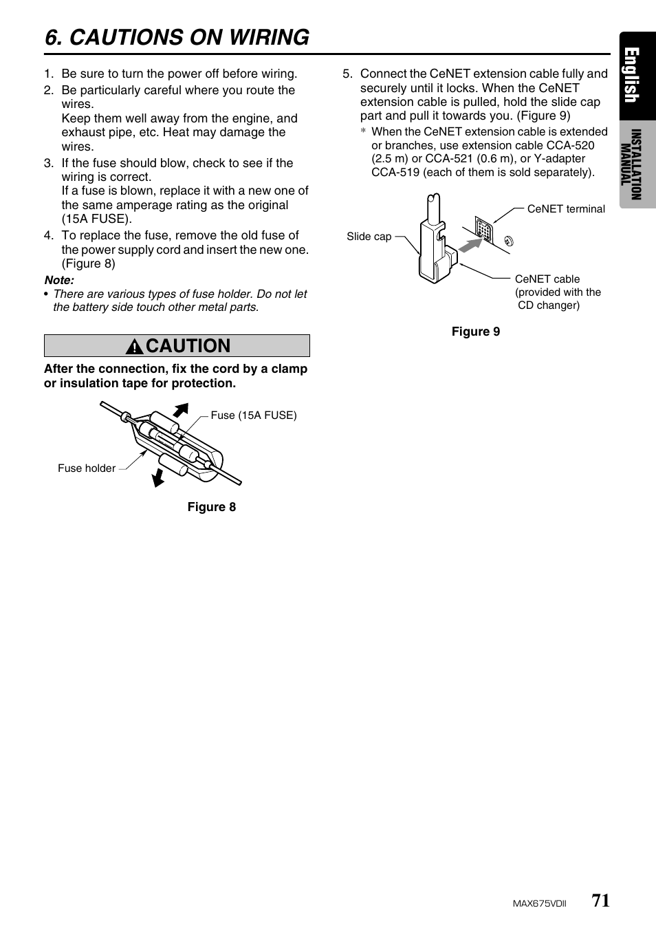 Cautions on wiring, English, Caution | Clarion MAX675VDII User Manual | Page 67 / 72