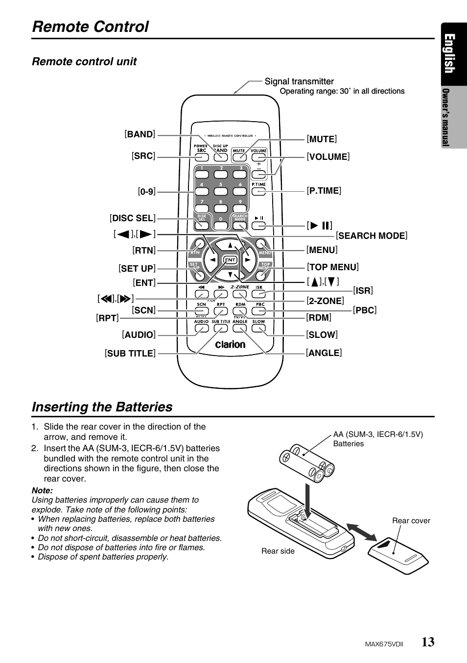 Remote control, English, Inserting the batteries | Remote control unit | Clarion MAX675VDII User Manual | Page 9 / 72