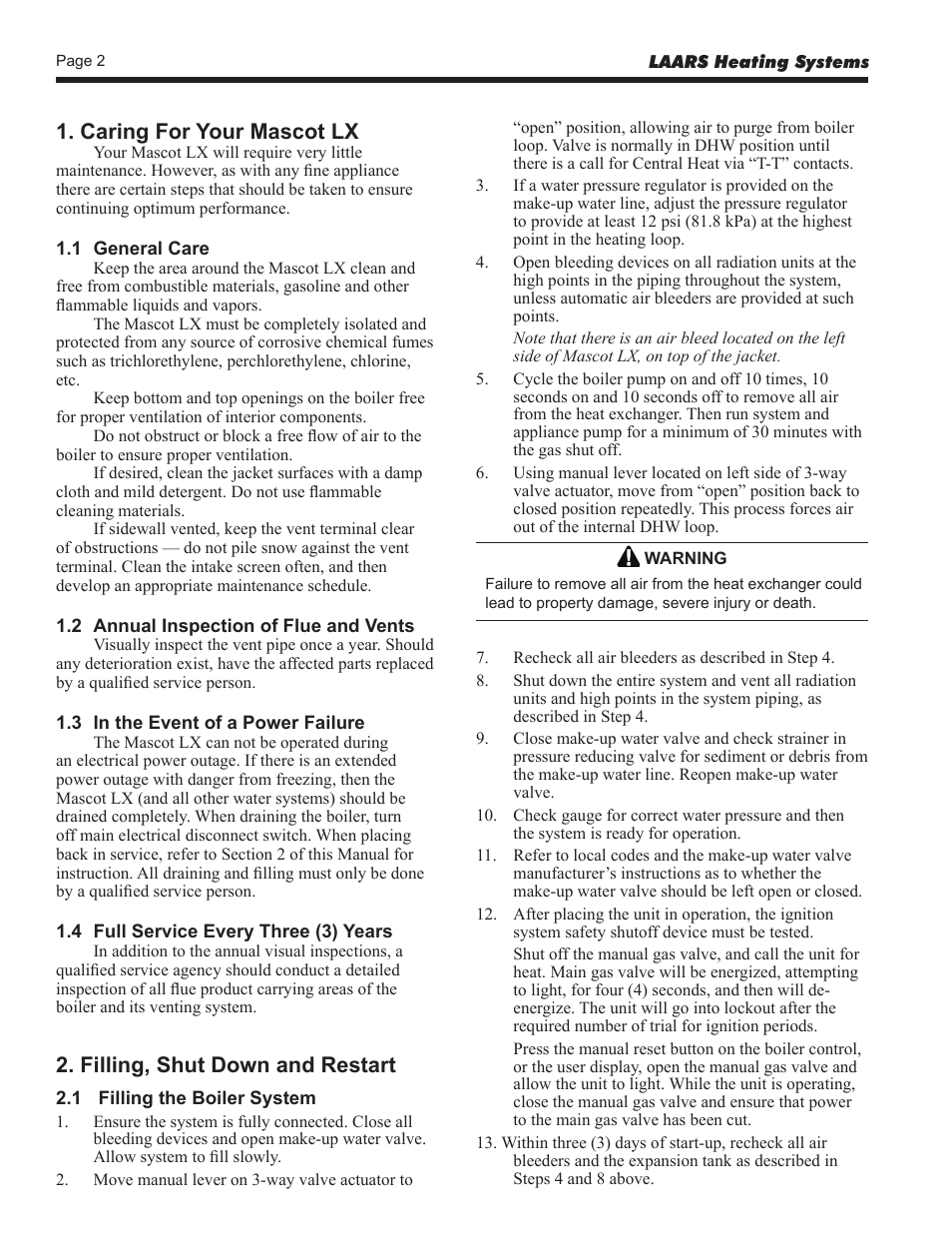 Caring for your mascot lx, Filling, shut down and restart | LAARS Mascot LX MLXC 175 MBH - Users Manual User Manual | Page 4 / 8