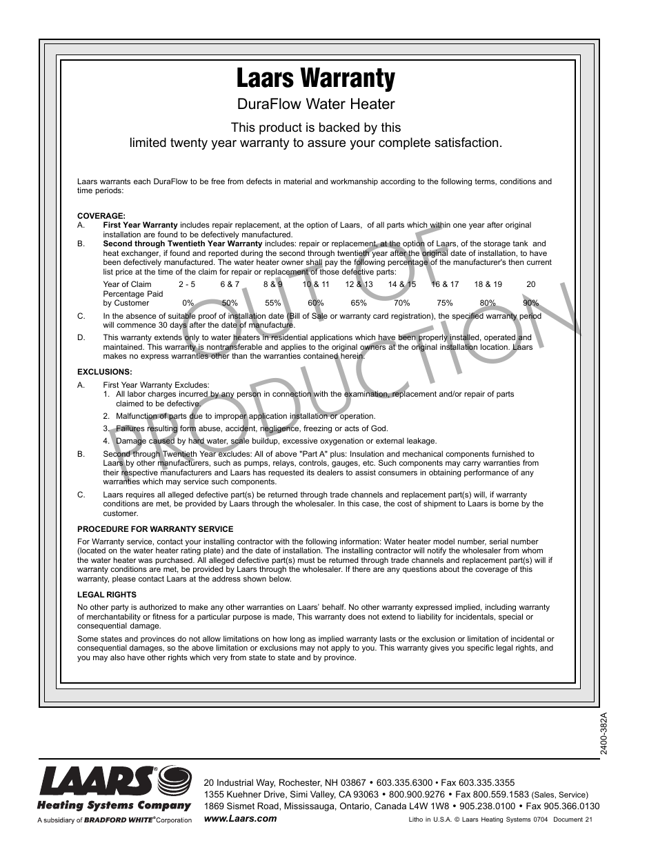 Out of production, Laars warranty, Duraflow water heater | LAARS DuraFlow - Installation, Operation and Maintenance Instructions User Manual | Page 8 / 8