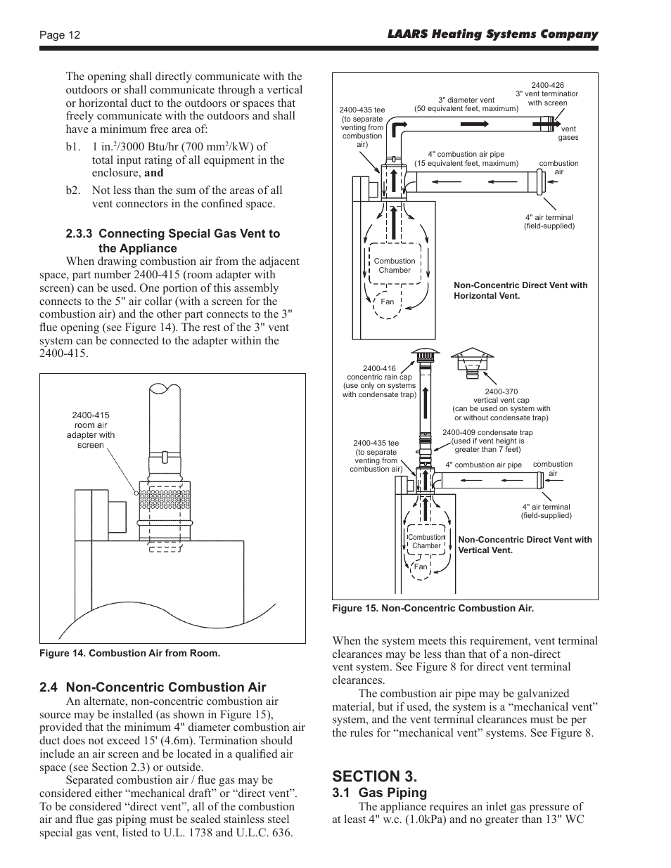 4 non-concentric combustion air, 1 gas piping | LAARS EDN Series - Installation, Operation and Maintenance Instructions User Manual | Page 12 / 40