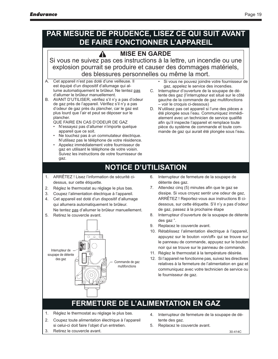 Notice d’utilisation, Fermeture de l’alimentation en gaz | LAARS EDN Series - Installation, Operation and Maintenance Instructions User Manual | Page 19 / 40