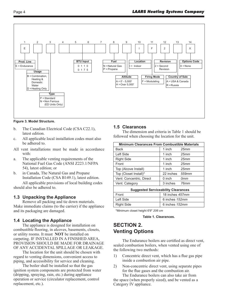 3 unpacking the appliance, 4 locating the appliance, 5 clearances | Laars heating systems company | LAARS EDN Series - Installation, Operation and Maintenance Instructions User Manual | Page 4 / 40