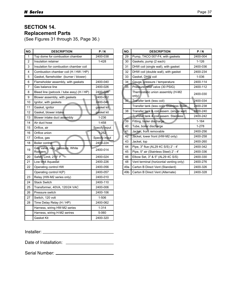 Out of production, Installer: date of installation: serial number | LAARS HP-M2 Series - Installation, Operation and Maintenance Instructions User Manual | Page 37 / 44