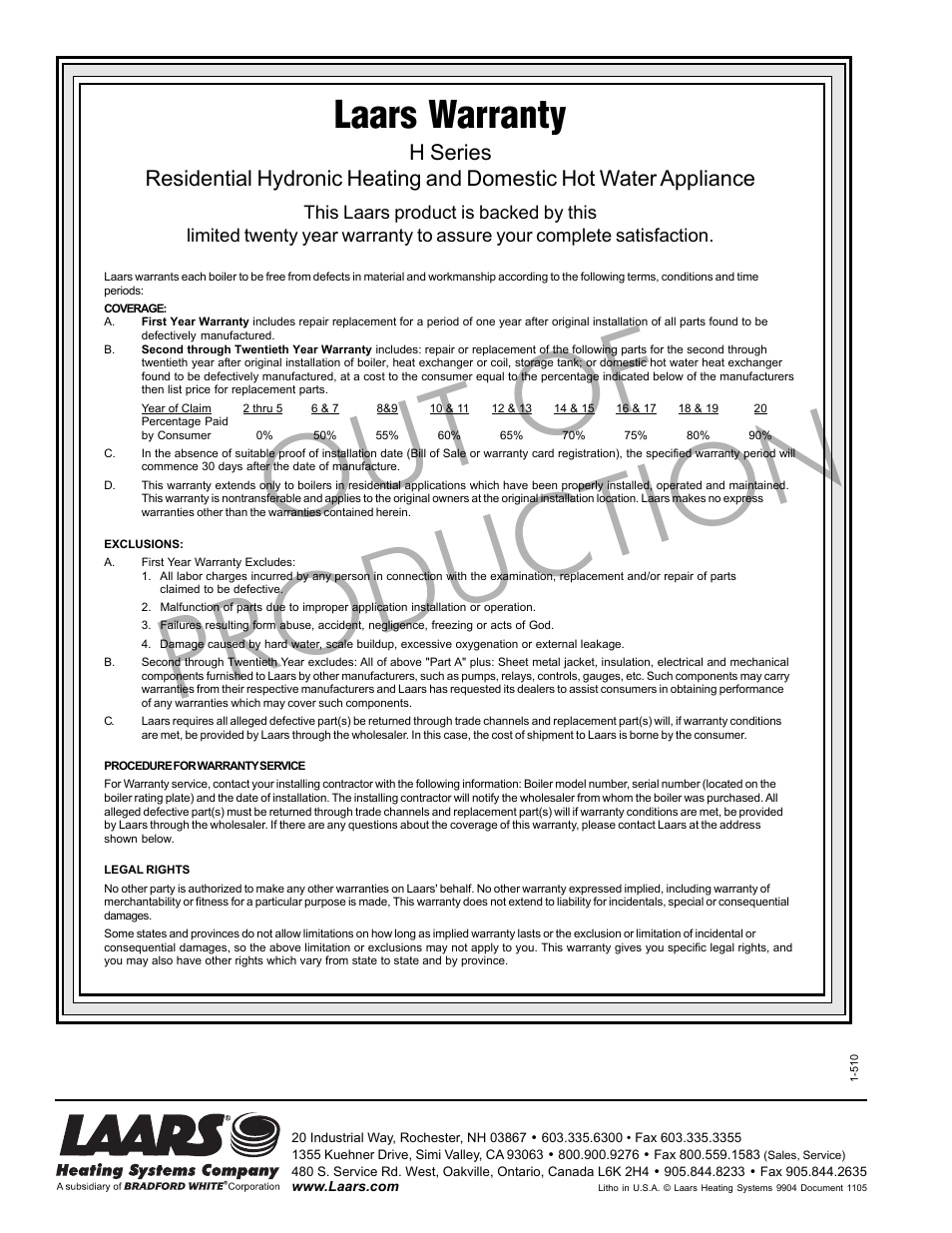 Out of production, Laars warranty | LAARS HP-M2 Series - Installation, Operation and Maintenance Instructions User Manual | Page 44 / 44