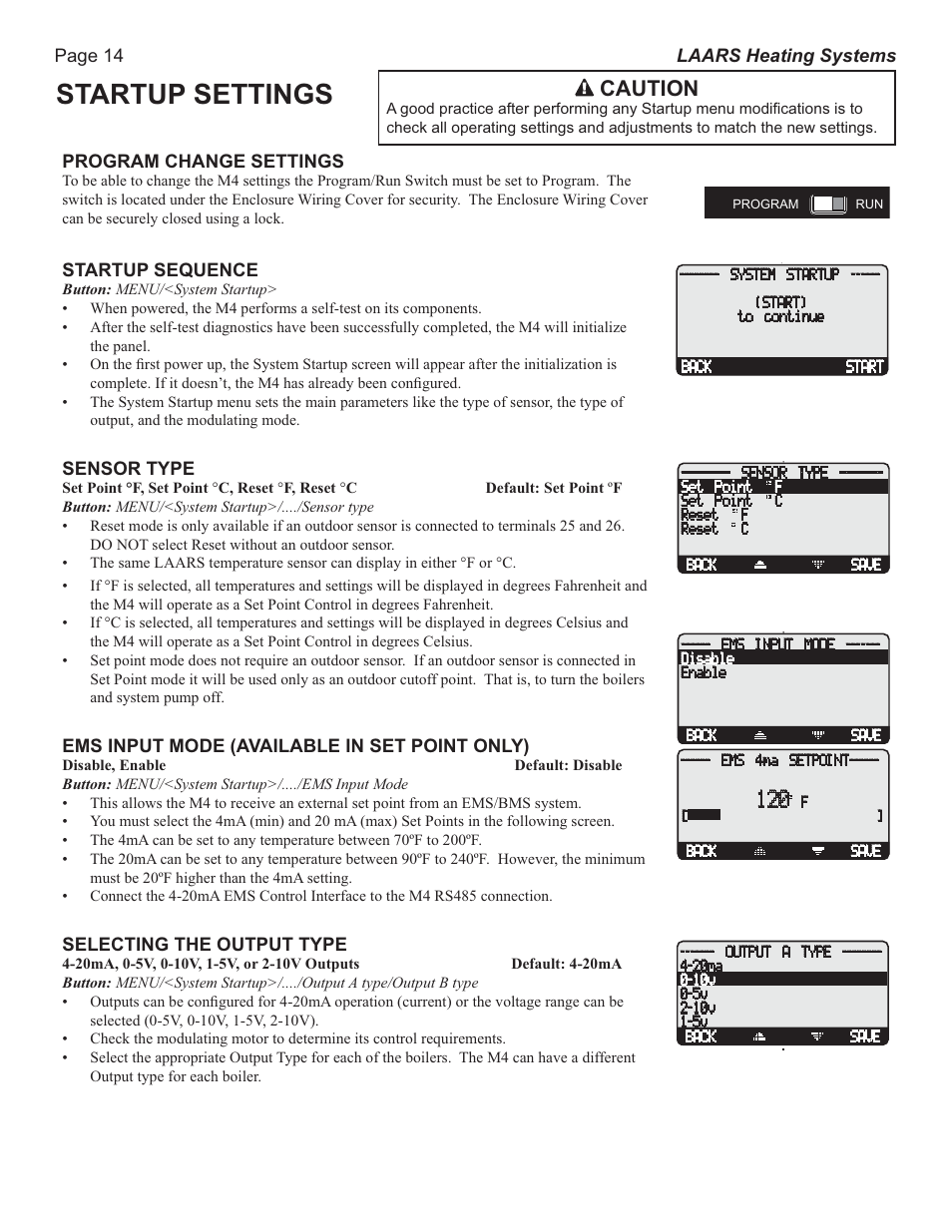 Startup settings, Caution | LAARS M4-Ext - Installation Manual User Manual | Page 14 / 28