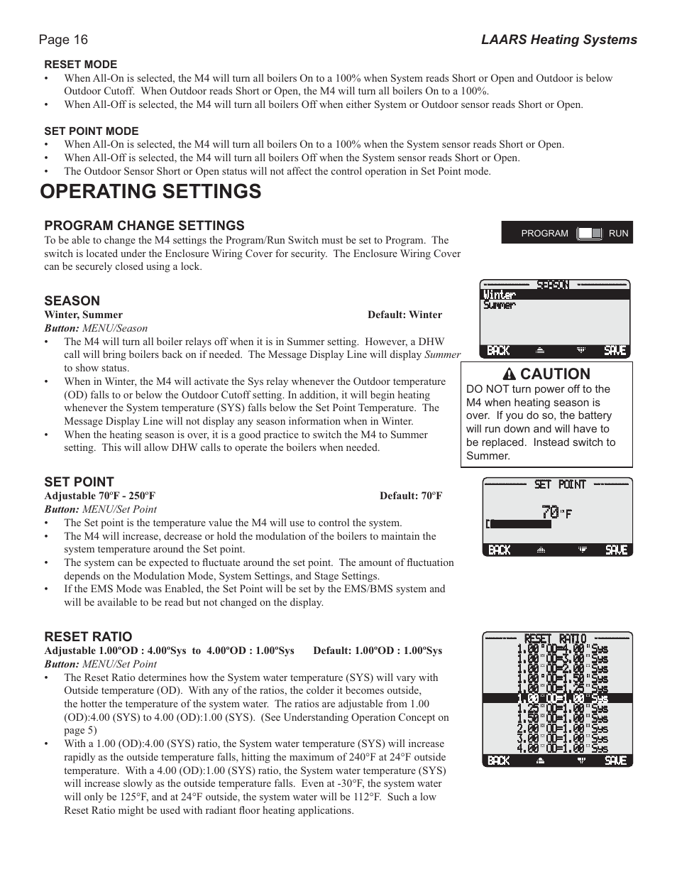 Operating settings, Caution | LAARS M4-Ext - Installation Manual User Manual | Page 16 / 28