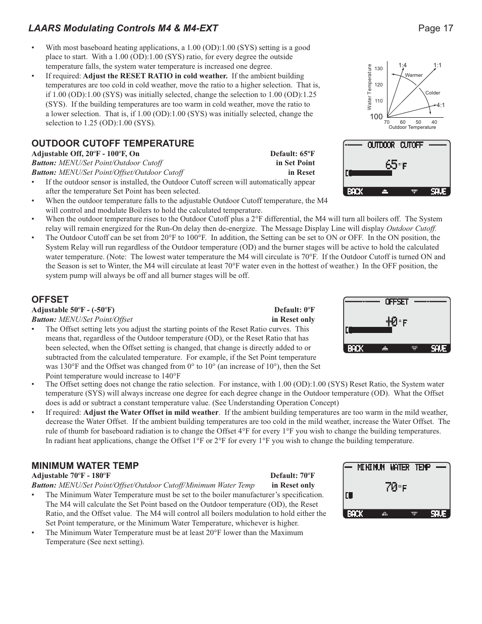 Page 17 laars modulating controls m4 & m4-ext, Outdoor cutoff temperature, Offset | Minimum water temp | LAARS M4-Ext - Installation Manual User Manual | Page 17 / 28