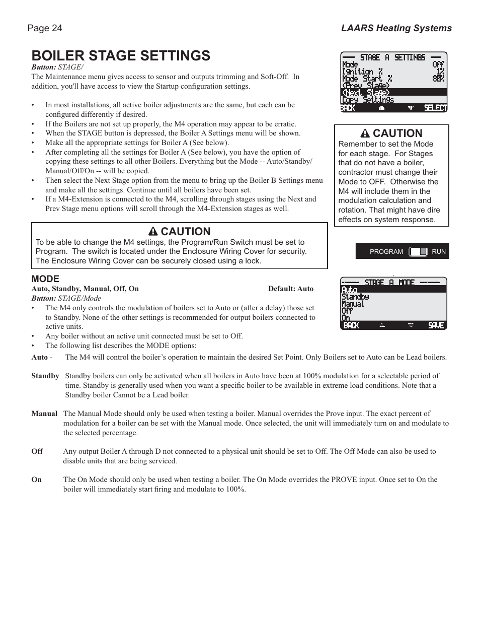 Boiler stage settings, Caution | LAARS M4-Ext - Installation Manual User Manual | Page 24 / 28