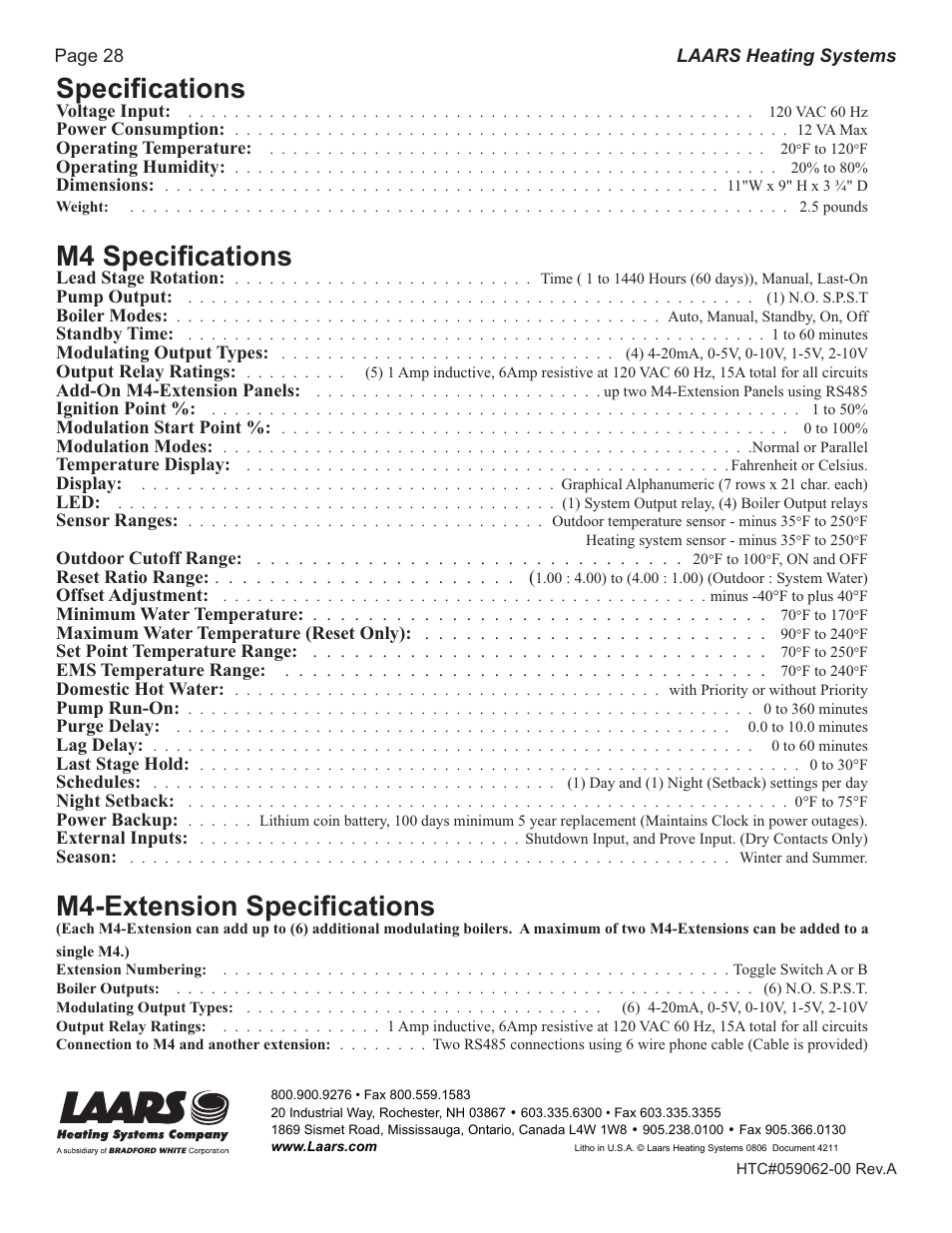 Speciﬁcations, M4 speciﬁcations, M4-extension speciﬁcations | LAARS M4-Ext - Installation Manual User Manual | Page 28 / 28