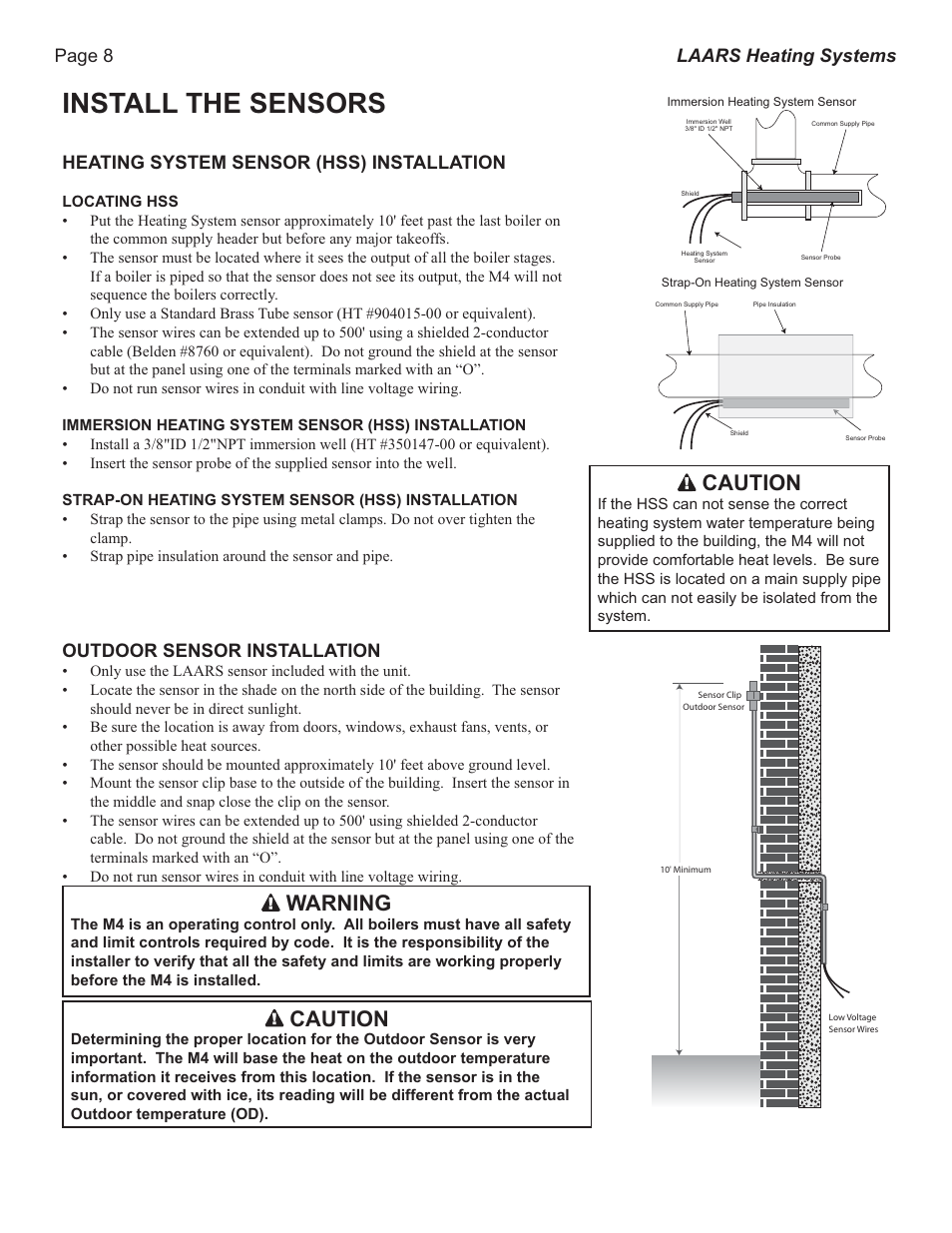 Install the sensors, Caution, Warning | Page 8 laars heating systems, Heating system sensor (hss) installation, Outdoor sensor installation | LAARS M4-Ext - Installation Manual User Manual | Page 8 / 28