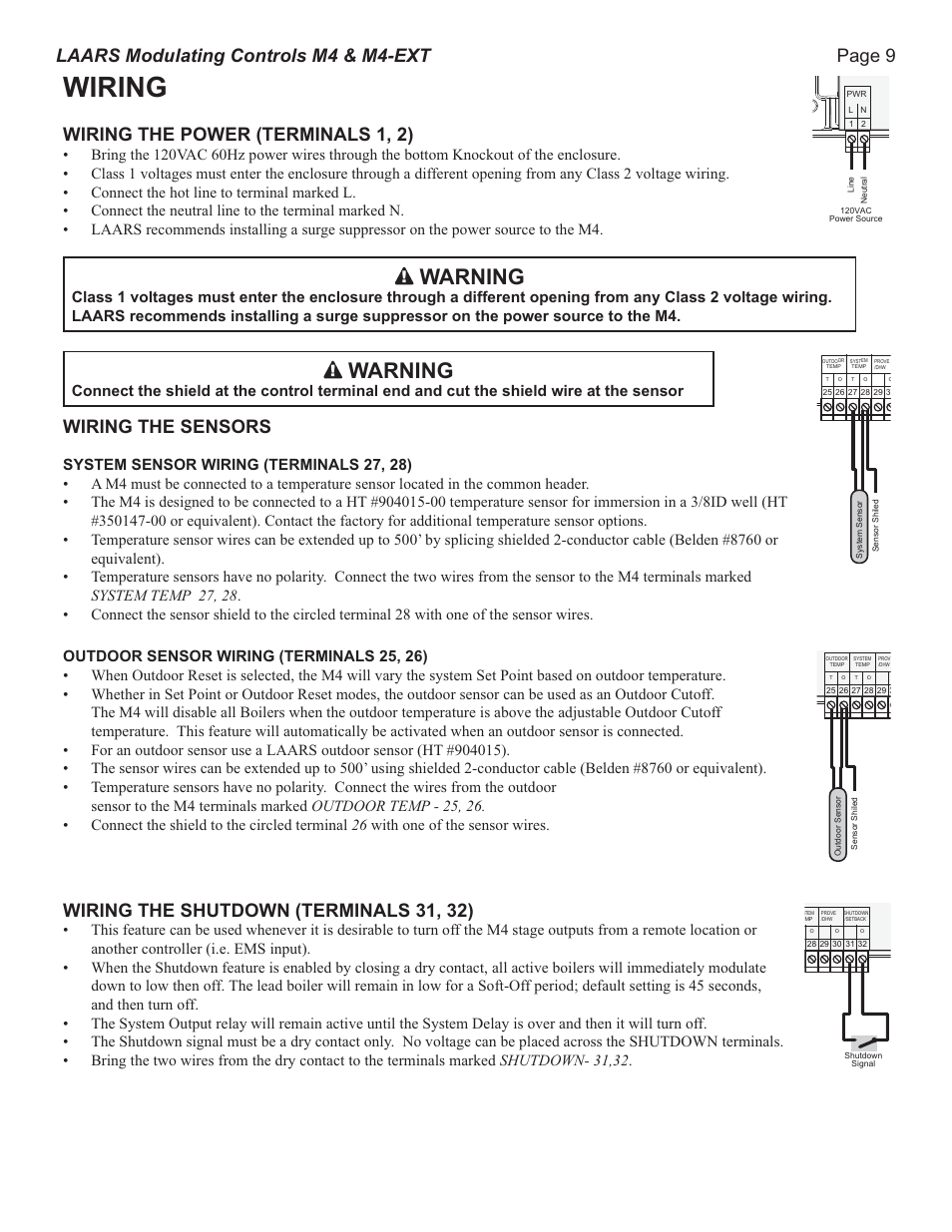 Wiring, Warning, Page 9 laars modulating controls m4 & m4-ext | Wiring the power (terminals 1, 2), Wiring the sensors, Wiring the shutdown (terminals 31, 32) | LAARS M4-Ext - Installation Manual User Manual | Page 9 / 28