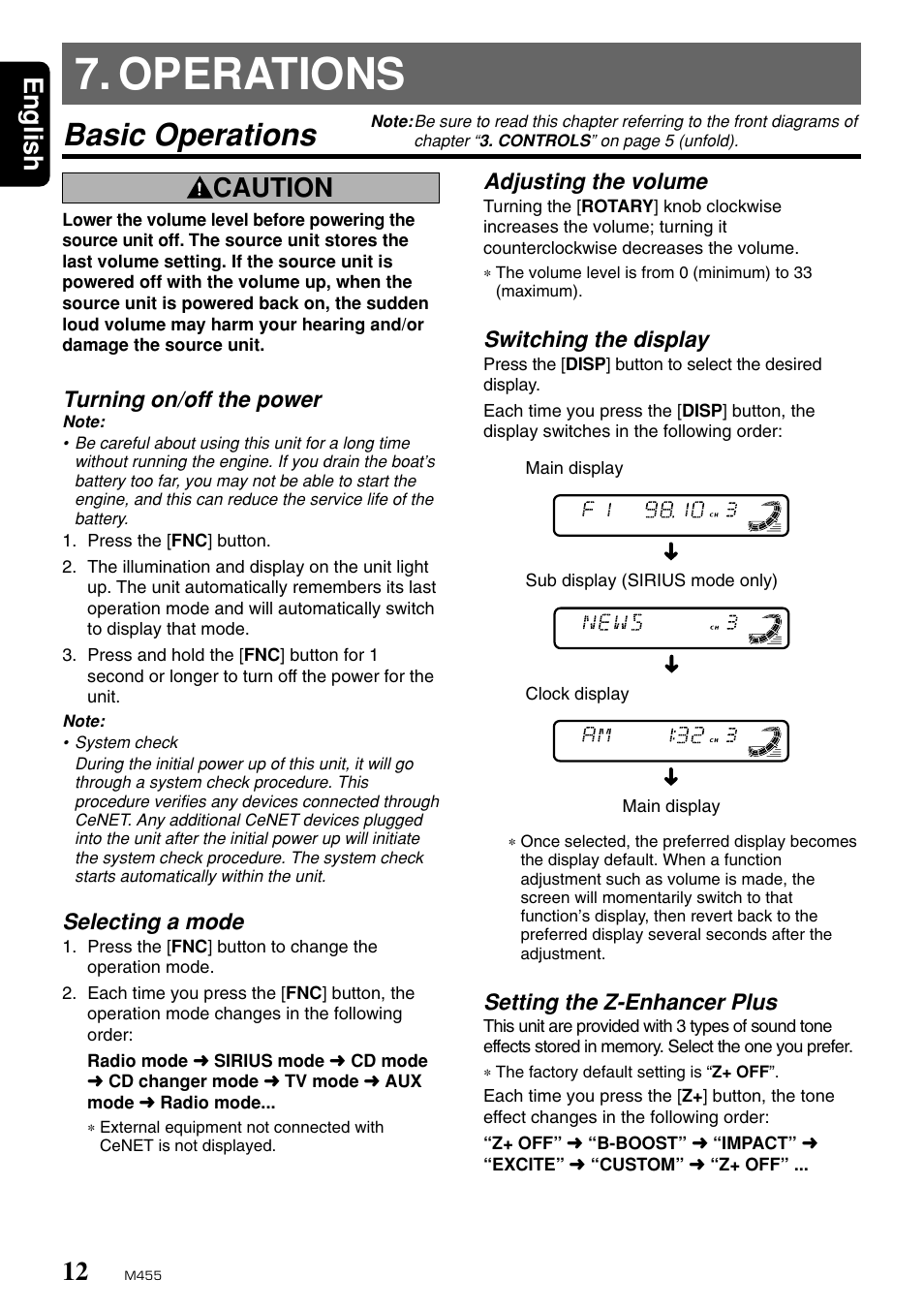 Operations, Basic operations, English | Caution, Turning on/off the power, Selecting a mode, Adjusting the volume, Switching the display, Setting the z-enhancer plus | Clarion M455 User Manual | Page 10 / 27