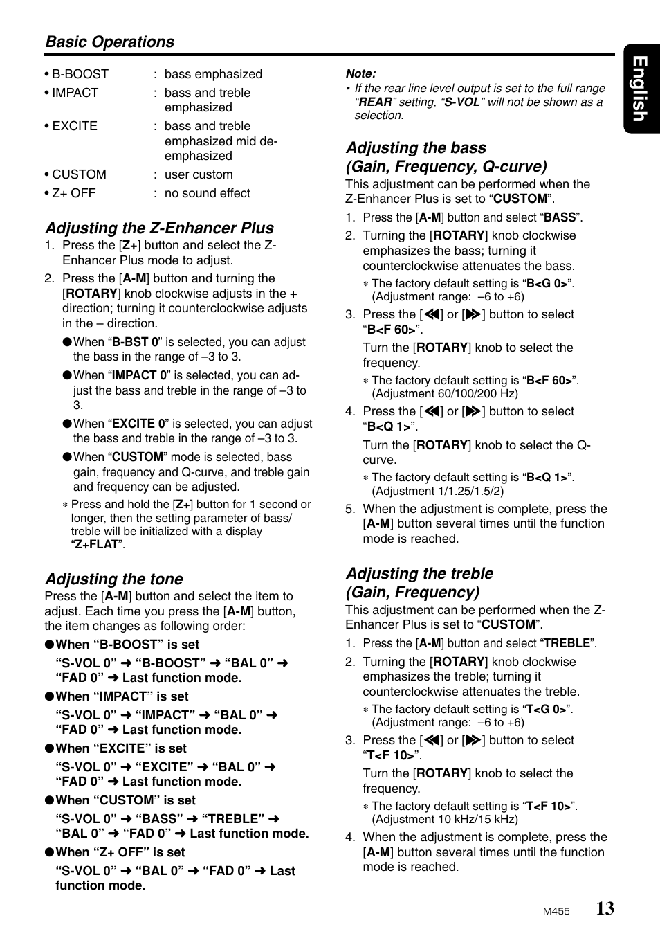 13 english, Adjusting the z-enhancer plus, Adjusting the tone | Adjusting the bass (gain, frequency, q-curve), Adjusting the treble (gain, frequency), Basic operations | Clarion M455 User Manual | Page 11 / 27