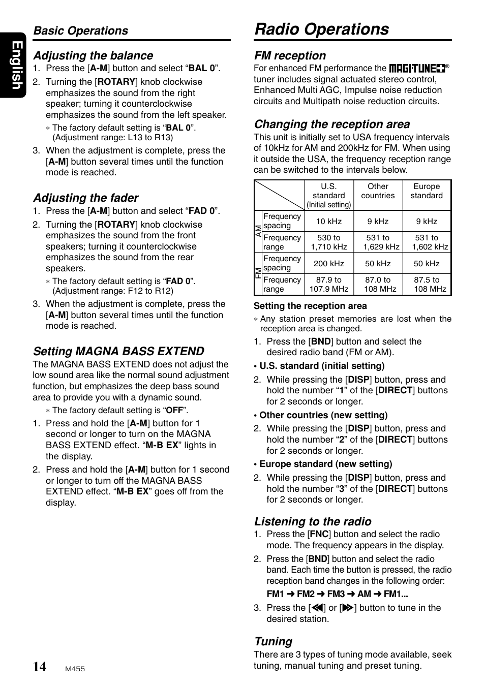 Radio operations, English, Fm reception | Changing the reception area, Basic operations adjusting the balance, Adjusting the fader, Setting magna bass extend, Listening to the radio, Tuning | Clarion M455 User Manual | Page 12 / 27
