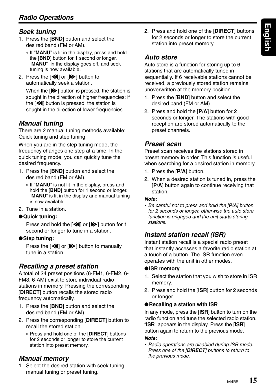 15 english, Radio operations seek tuning, Manual tuning | Recalling a preset station, Auto store, Preset scan, Instant station recall (isr) | Clarion M455 User Manual | Page 13 / 27