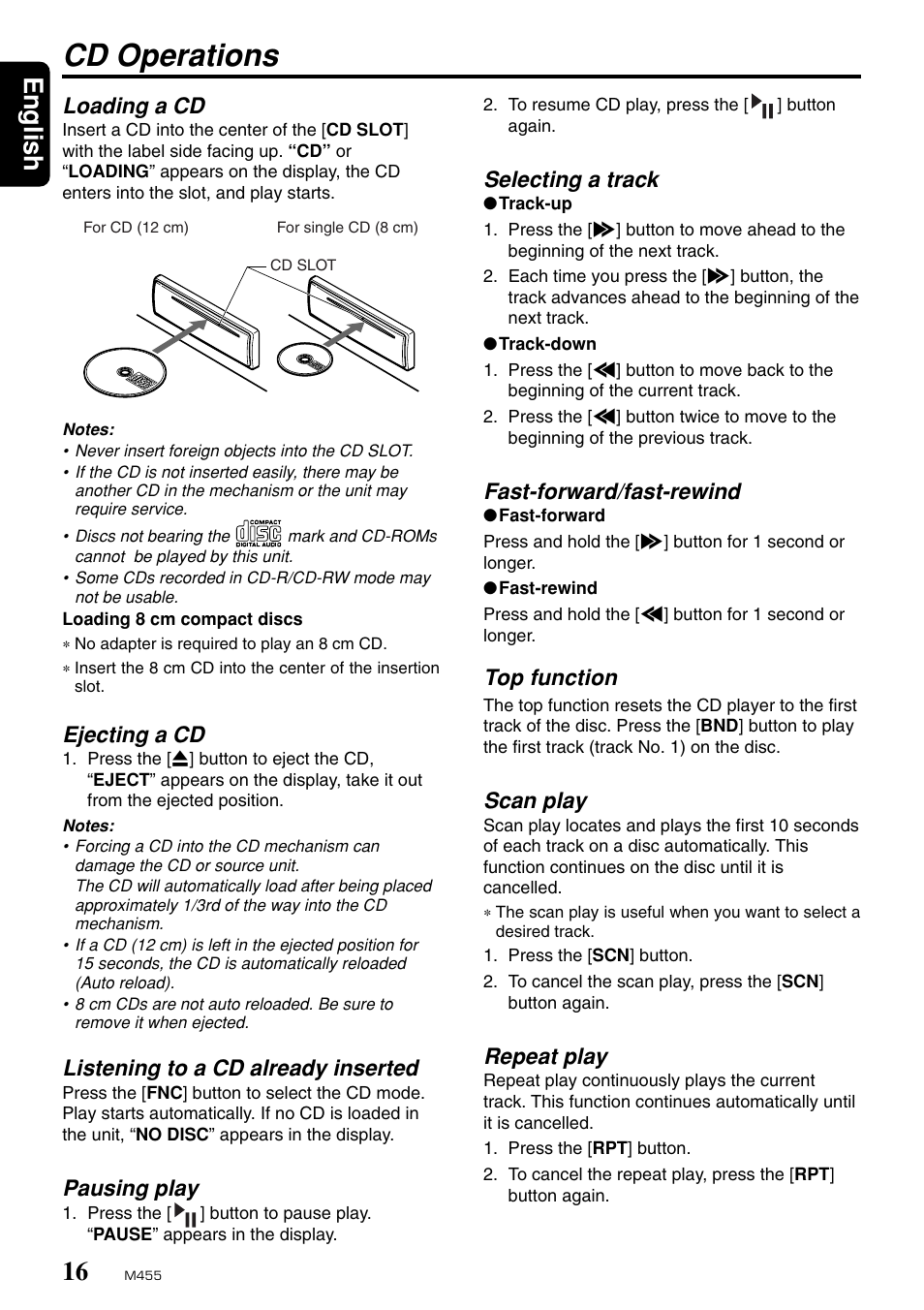Cd operations, English, Loading a cd | Ejecting a cd, Listening to a cd already inserted, Pausing play, Selecting a track, Fast-forward/fast-rewind, Top function, Scan play | Clarion M455 User Manual | Page 14 / 27