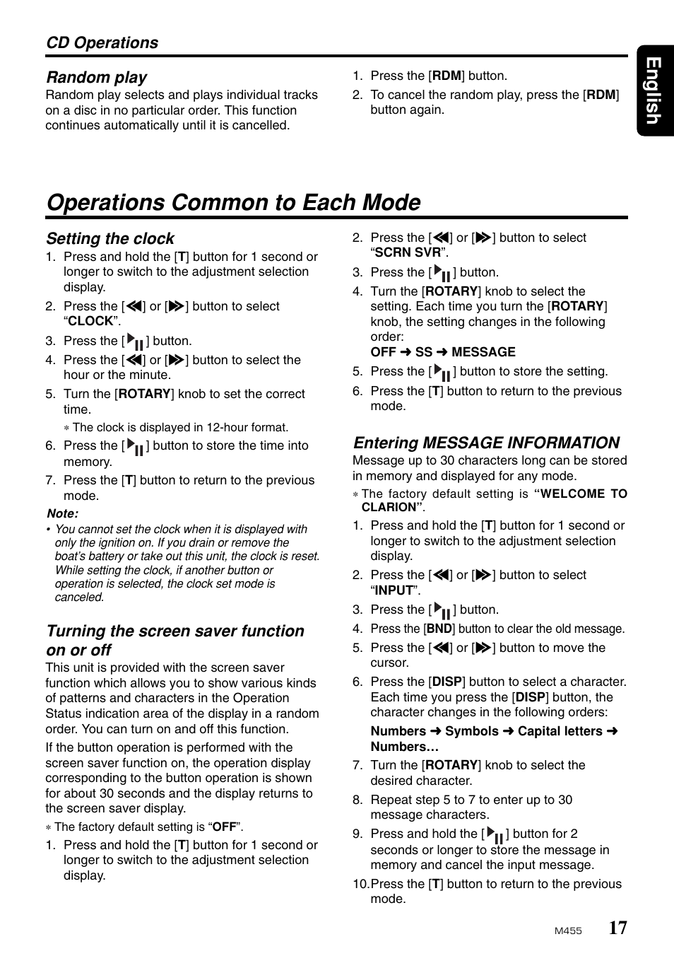Operations common to each mode, 17 english, Cd operations random play | Setting the clock, Turning the screen saver function on or off, Entering message information | Clarion M455 User Manual | Page 15 / 27