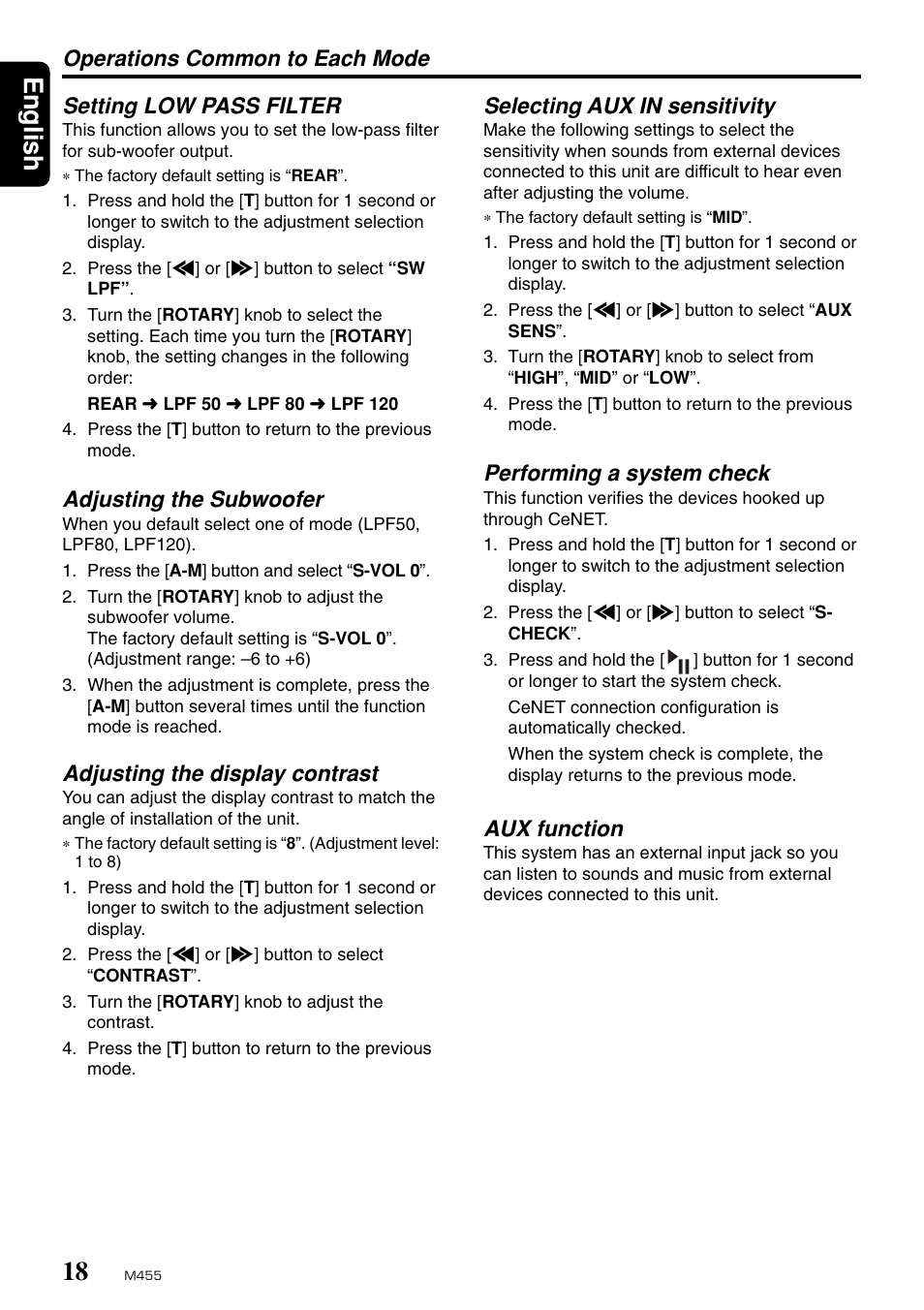English, Adjusting the subwoofer, Adjusting the display contrast | Selecting aux in sensitivity, Performing a system check, Aux function | Clarion M455 User Manual | Page 16 / 27