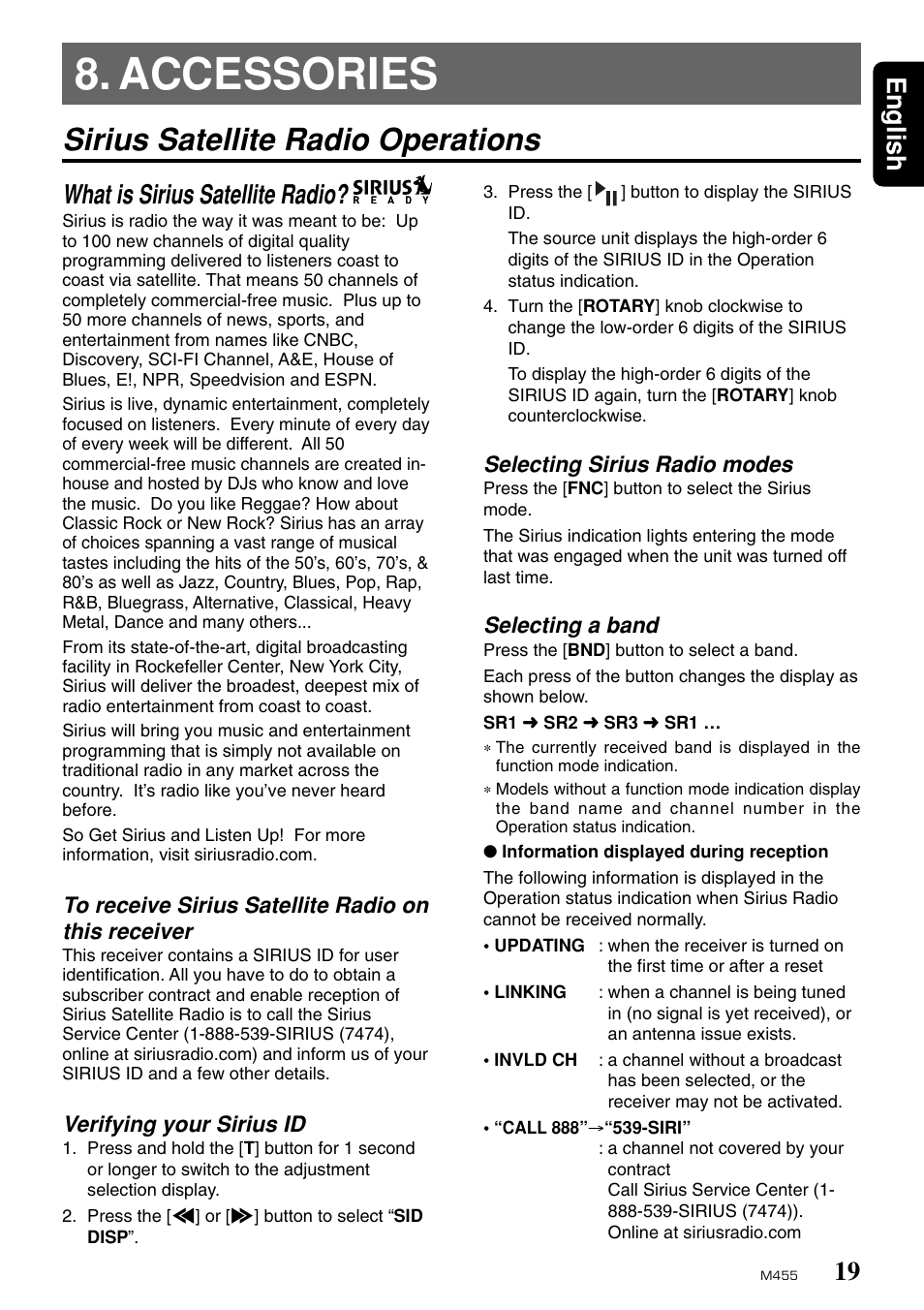 Accessories, Sirius satellite radio operations, 19 english | What is sirius satellite radio, Verifying your sirius id, Selecting sirius radio modes, Selecting a band | Clarion M455 User Manual | Page 17 / 27