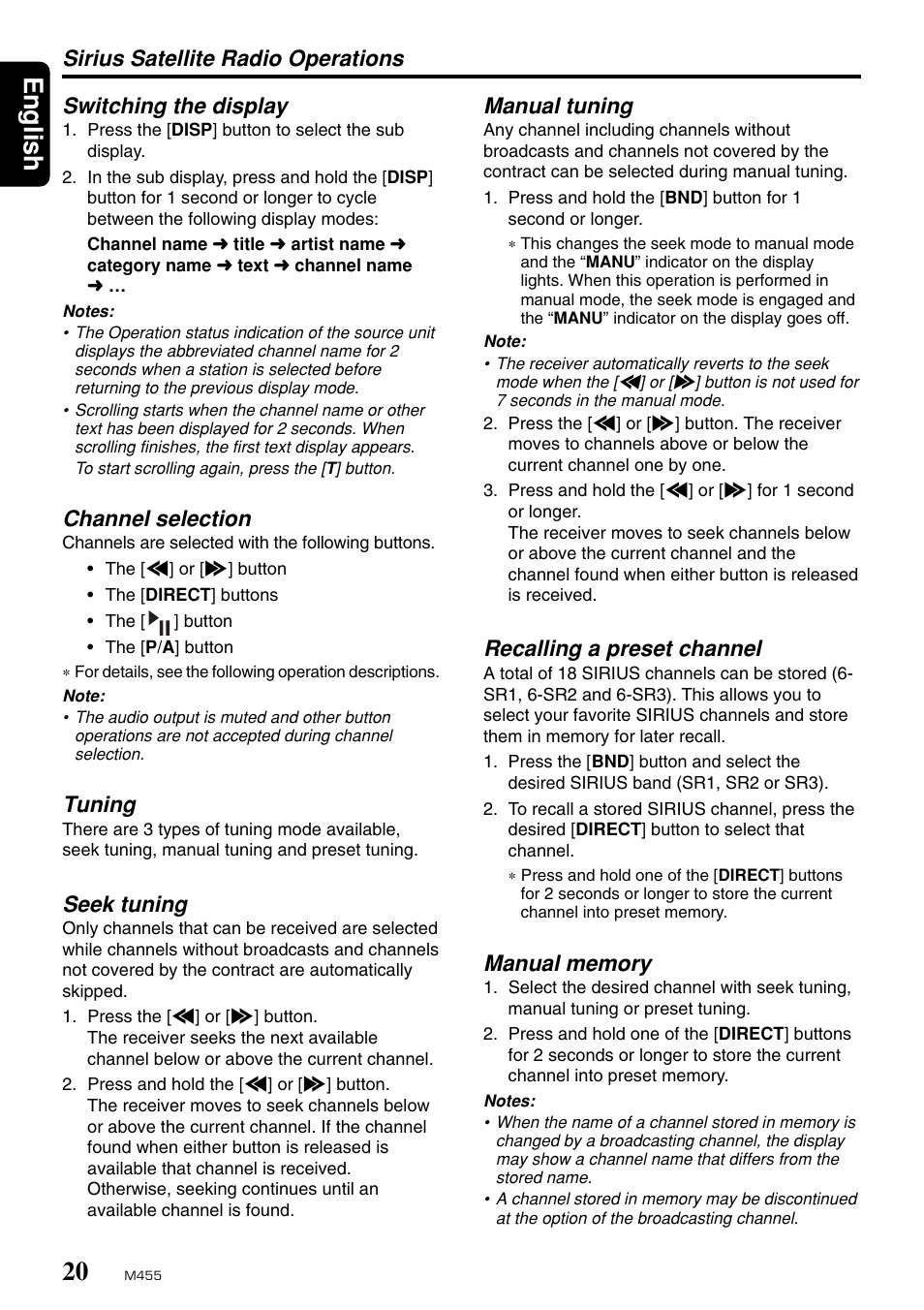 English, Switching the display, Channel selection | Tuning, Seek tuning, Sirius satellite radio operations manual tuning, Recalling a preset channel | Clarion M455 User Manual | Page 18 / 27