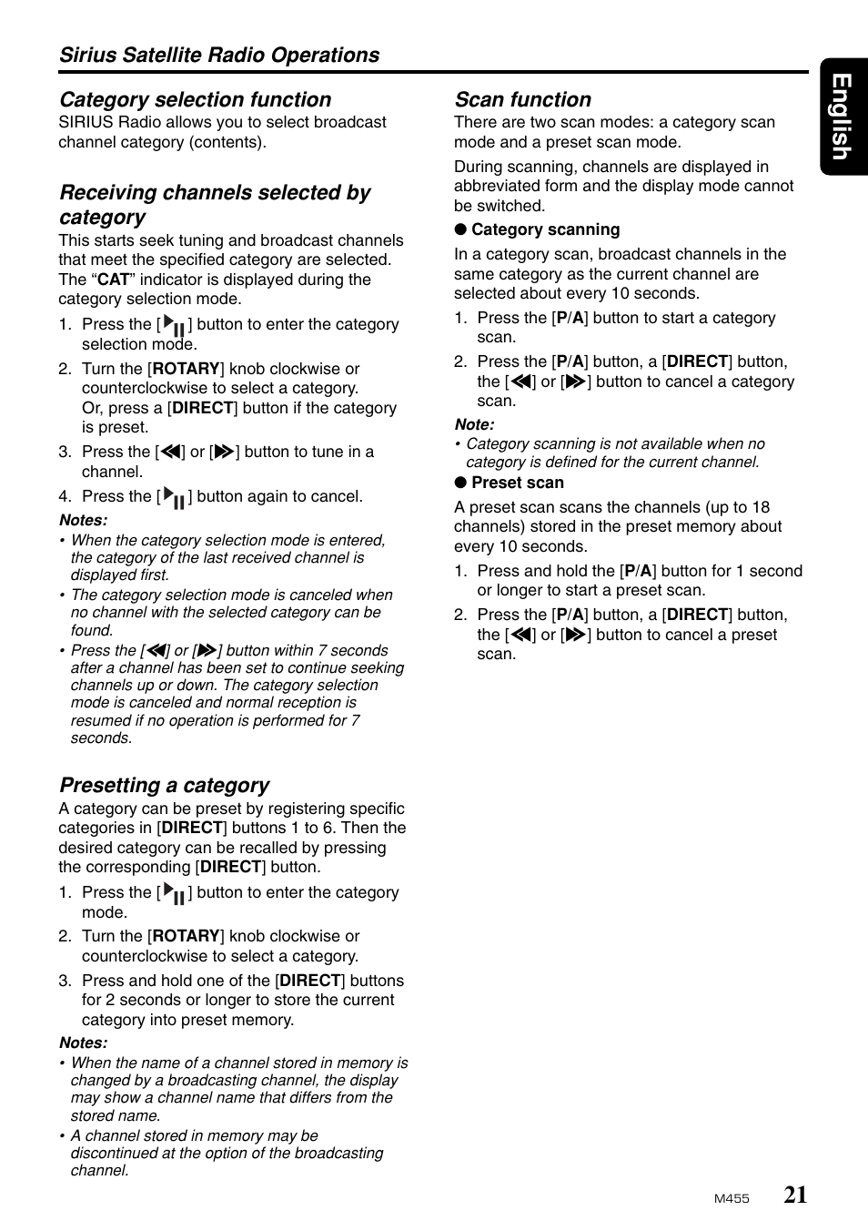 21 english, Receiving channels selected by category, Presetting a category | Scan function | Clarion M455 User Manual | Page 19 / 27