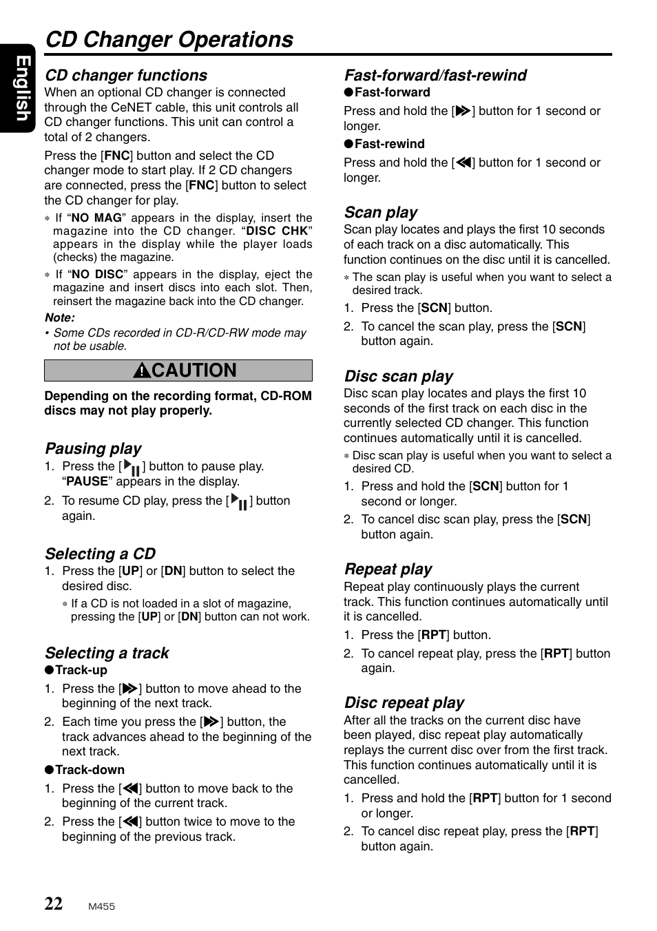 Cd changer operations, English, Caution | Cd changer functions, Fast-forward/fast-rewind, Scan play, Disc scan play, Repeat play, Disc repeat play, Pausing play | Clarion M455 User Manual | Page 20 / 27