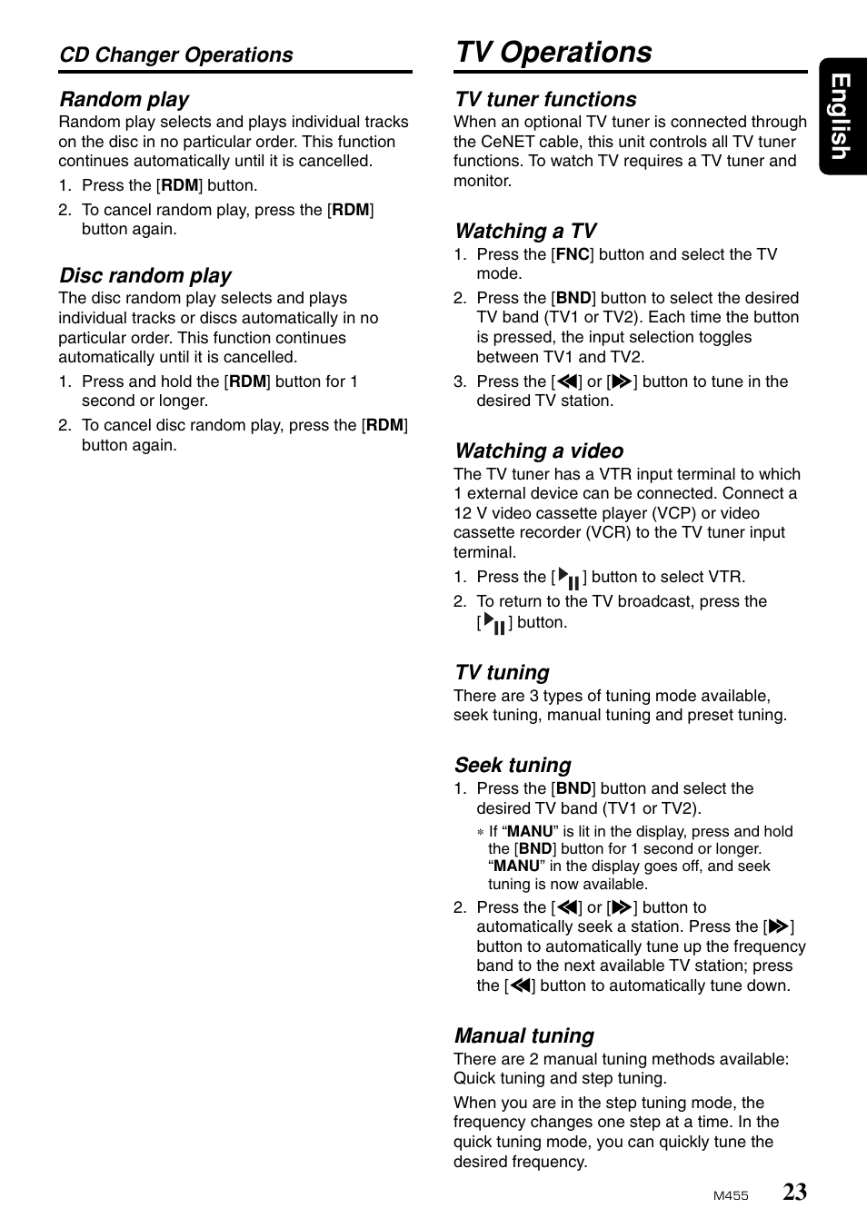 Tv operations, 23 english, Cd changer operations random play | Disc random play, Tv tuner functions, Watching a tv, Watching a video, Tv tuning, Seek tuning, Manual tuning | Clarion M455 User Manual | Page 21 / 27