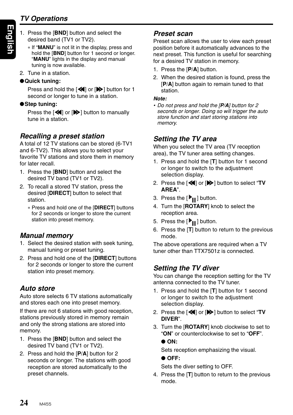 English, Tv operations, Recalling a preset station | Auto store, Preset scan, Setting the tv area, Setting the tv diver | Clarion M455 User Manual | Page 22 / 27