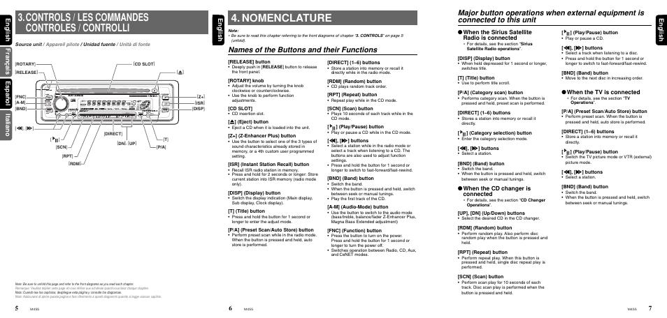 Names of the buttons and their functions, English, When the tv is connected | When the sirius satellite radio is connected, When the cd changer is connected | Clarion M455 User Manual | Page 5 / 27