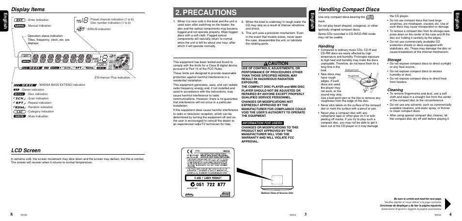 Display items, Lcd screen, Precautions | Handling compact discs, 3english english english, Caution, Handling, Storage, Cleaning | Clarion M455 User Manual | Page 6 / 27