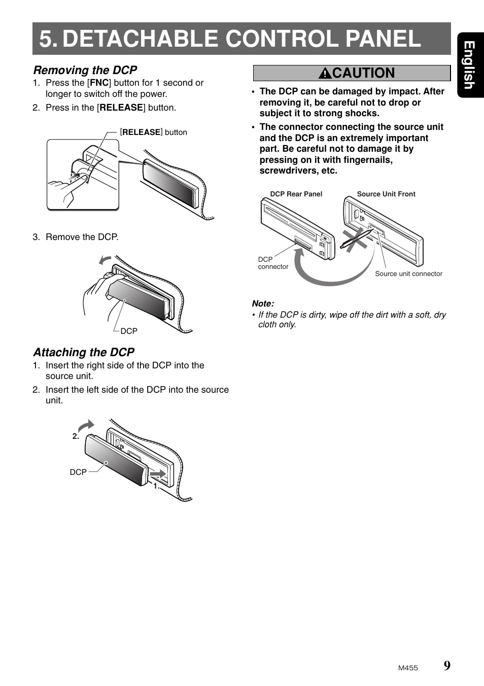 Detachable control panel, 9english, Caution | Removing the dcp, Attaching the dcp | Clarion M455 User Manual | Page 7 / 27