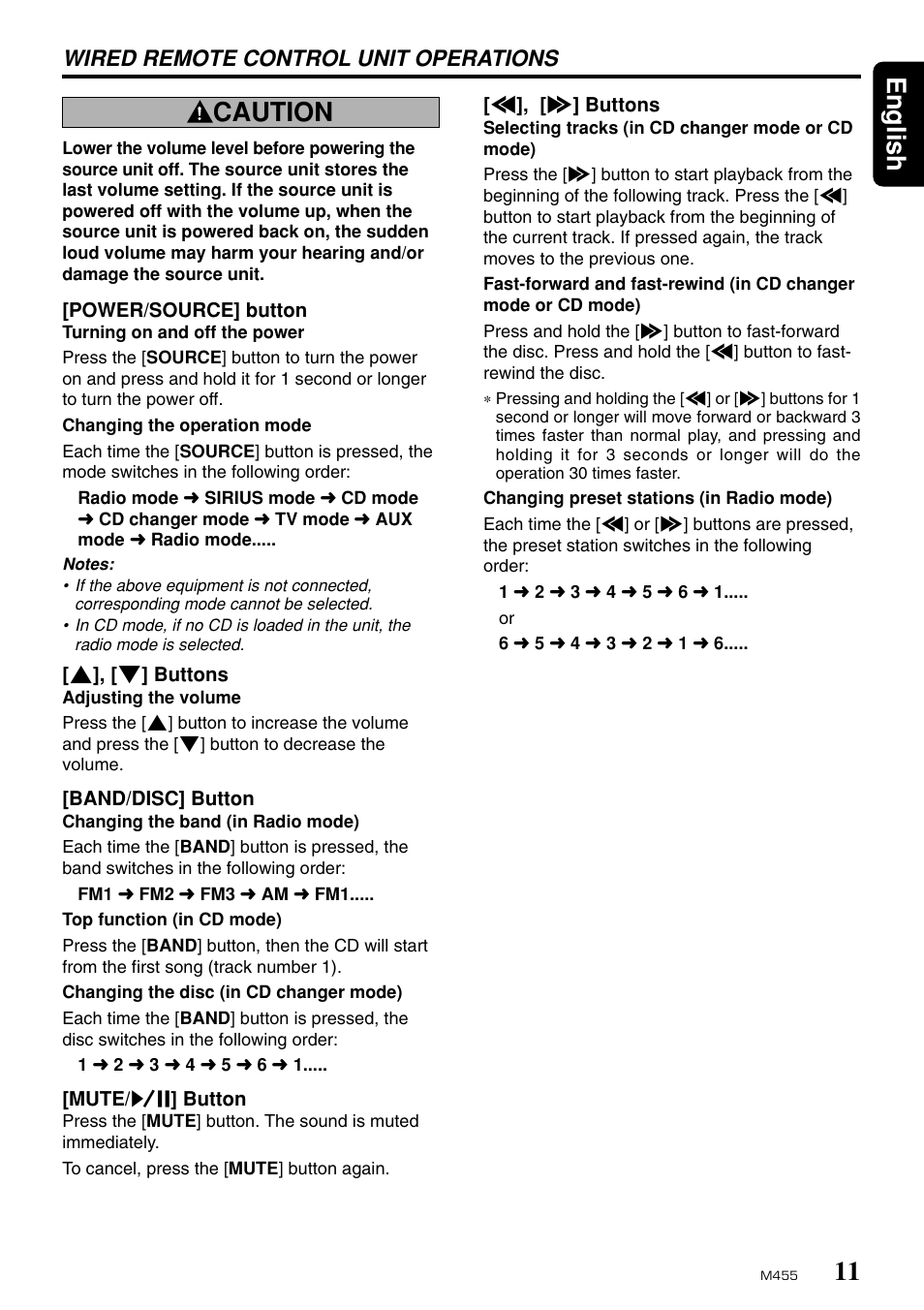 11 english caution, Wired remote control unit operations | Clarion M455 User Manual | Page 9 / 27