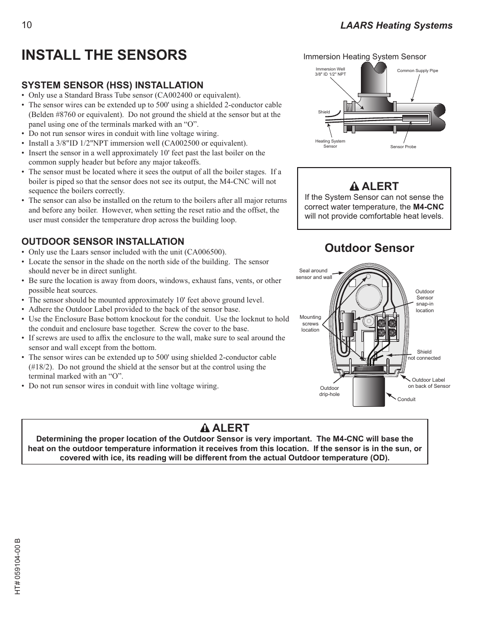 Install the sensors, System sensor (hss) installation, Outdoor sensor installation | Outdoor sensor strap-on sensor immersion sensor, Alert, Laars heating systems | LAARS M4-Ext - Installation Manual User Manual | Page 10 / 40