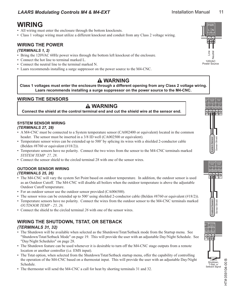 Wiring, Wiring the power, Wiring the sensors | Wiring the shutdown, tstat, or setback, Warning, Mini-mod-cnc, Installation manual 11, Laars modulating controls m4 & m4-ext, Terminals 31, 32), A b c d | LAARS M4-Ext - Installation Manual User Manual | Page 11 / 40