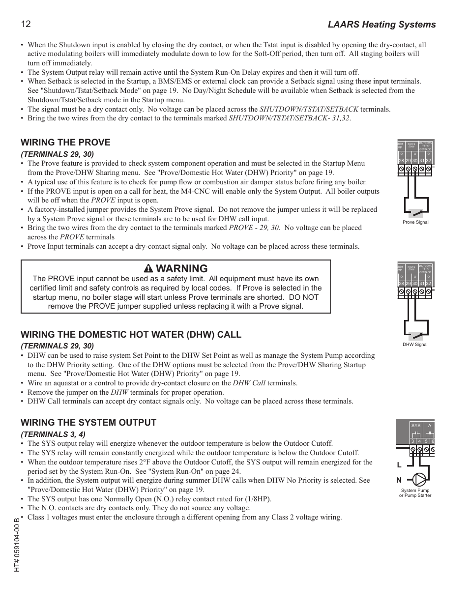 Wiring the prove, Wiring the domestic hot water (dhw) call, Wiring the system output | Warning, Laars heating systems, Mini-mod-cnc, A b c d | LAARS M4-Ext - Installation Manual User Manual | Page 12 / 40